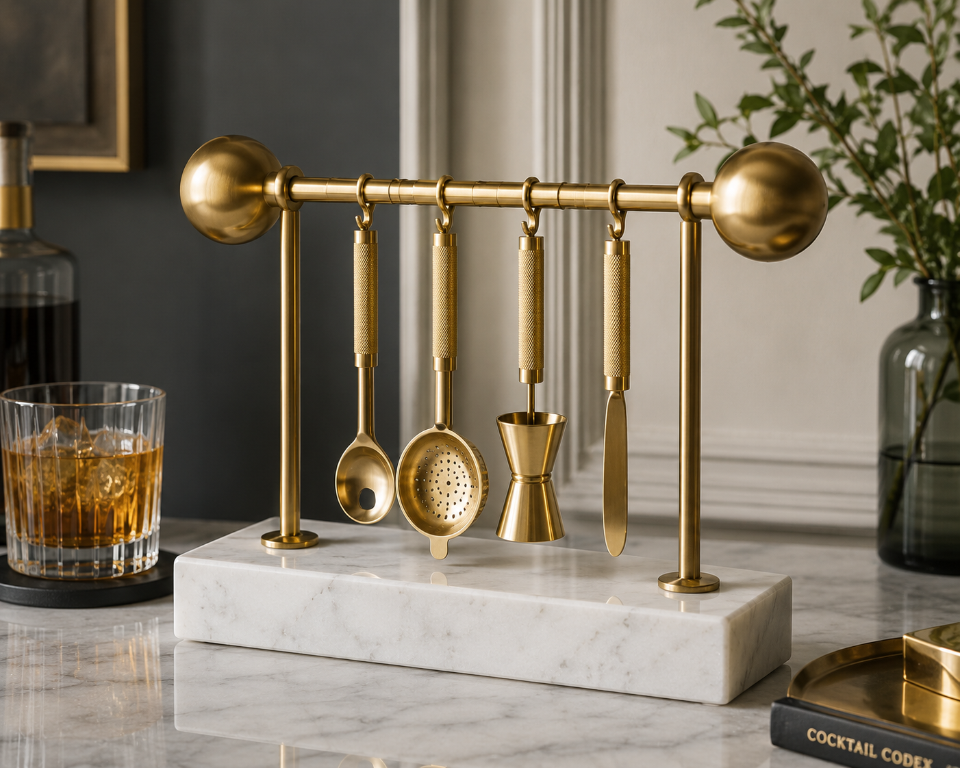 Barbell Barware Set with Marble Base