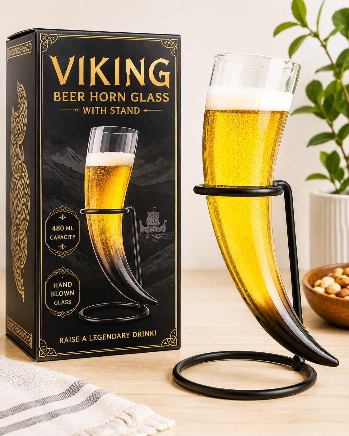 Viking Beer Horn Glass with Stand